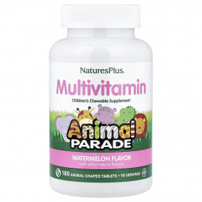 NaturesPlus, Animal Parade®, жевательные мультивитамины для детей, со вкусом арбуза, 180 таблеток в форме животных - описание | фото