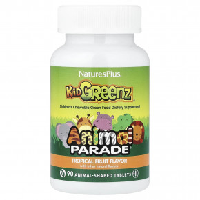 NaturesPlus, Animal Parade®, Kid Greenz®, пищевая добавка для детей с натуральным вкусом зелени, тропические фрукты, 90 таблеток в форме животных - описание | фото