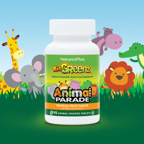 NaturesPlus, Animal Parade®, Kid Greenz®, пищевая добавка для детей с натуральным вкусом зелени, тропические фрукты, 90 таблеток в форме животных в Москве - eco-herb.ru | фото