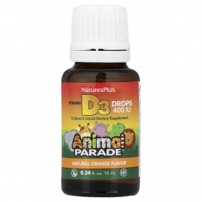 NaturesPlus, Animal Parade®, витамин D3 в каплях, с натуральным апельсиновым вкусом, 10 мкг (400 МЕ), 10 мл (0,34 жидк. унции) в Москве - eco-herb.ru | фото