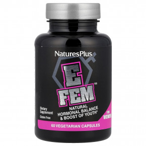 NaturesPlus, E Fem™ для женщин, натуральный гормональный баланс и поддержка молодости, 60 вегетарианских капсул - описание | фото