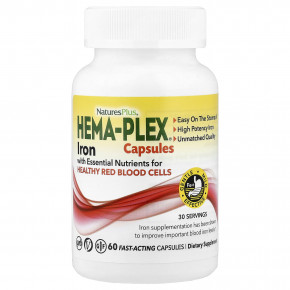 NaturesPlus, Hema-Plex®, железо, 60 быстродействующих капсул - описание | фото