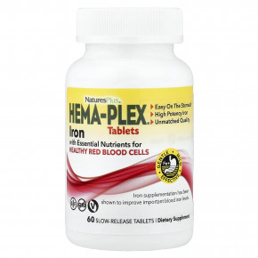 NaturesPlus, Hema-Plex®, железо с незаменимыми питательными веществами для здоровых эритроцитов, 60 таблеток медленного высвобождения - описание