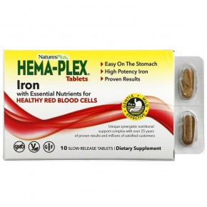 NaturesPlus, Hema-Plex, железо с незаменимыми питательными веществами для здоровых эритроцитов, 10 таблеток с замедленным высвобождением - описание