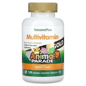 NaturesPlus, Animal Parade Gold, мультивитамины для детей, со вкусом апельсина, без сахара, 120 таблеток в форме животных - описание