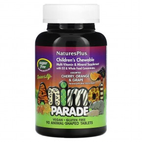 NaturesPlus, Animal Parade, мультивитамины, жевательная добавка для детей, со вкусом вишни, винограда и апельсина, 90 таблеток в форме животных - описание