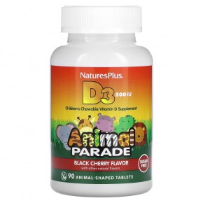 NaturesPlus, Source of Life, Animal Parade, витамин D3, без сахара, с натуральным вкусом черешни, 12,5 мкг (500 МЕ), 90 таблеток в форме животных - описание