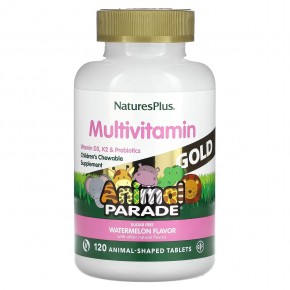 NaturesPlus, Source of Life Animal Parade Gold, жевательная мультивитаминная добавка с микроэлементами для детей, со вкусом арбуза, 120 таблеток в форме животных - описание