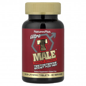 NaturesPlus, Ultra T-Male®, добавка тестостерона для мужчин, максимальная сила действия, 60 двухслойных таблеток - описание | фото