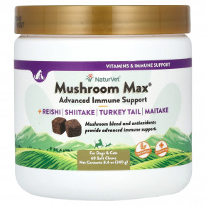 NaturVet, Mushroom Max, улучшенная поддержка иммунитета с индюковидным хвостом, для собак и кошек, 60 жевательных таблеток, 240 г (8,4 унции) - описание | фото