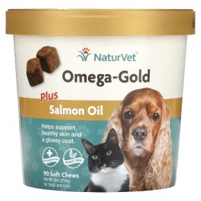 NaturVet, Omega-Gold с жиром лосося, добавка для собак и котов, 90 мягких жевательных таблеток - описание