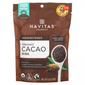 Navitas Organics, органические ядра какао-боба, без подсластителей, 227 г (8 унций) - описание | фото