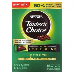Nescafé, Taster's Choice, House Blend, растворимый кофе, легкая/средняя обжарка, без кофеина, 16 пакетиков по 3 г (0,1 унции) - описание