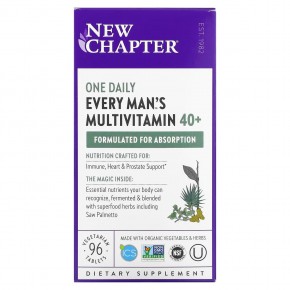 New Chapter, Every Man, ежедневная мультивитаминная добавка для мужчин старше 40 лет, 96 вегетарианских таблеток - описание