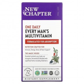 New Chapter, Every Man's One Daily Multi, мультивитаминная добавка для мужчин, 72 вегетарианских таблетки - описание