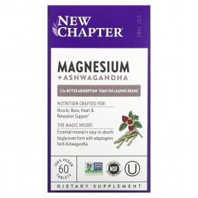 New Chapter, Магний + ашваганда, 60 веганских таблеток - описание