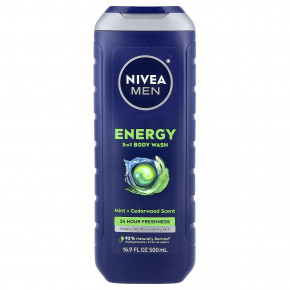 Nivea, Men, Energy 3 в 1, гель для душа, мята и кедр, 500 мл (16,9 жидк. унции) - описание | фото