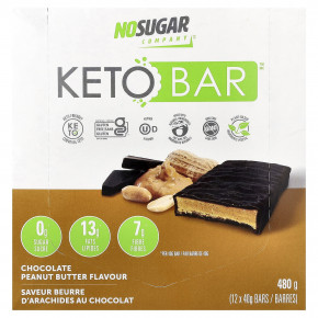 No Sugar Company, Keto Bar™, шоколад и арахисовая паста, 12 батончиков по 40 г - описание | фото