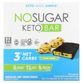 No Sugar Company, Keto Bar, тесто для печенья с шоколадной крошкой, 12 батончиков по 40 г (1,41 унции) - описание | фото