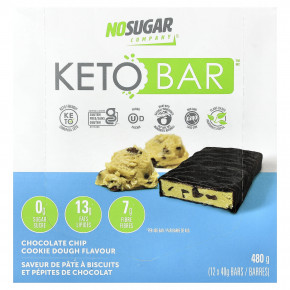 No Sugar Company, Keto Bars™, печенье с шоколадной крошкой, 12 батончиков по 40 г - описание | фото