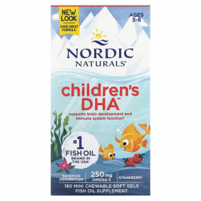 Nordic Naturals, Children's DHA, ДГК для детей, со вкусом клубники, для детей 3–6 лет, 250 мг, 180 мини-капсул - описание | фото