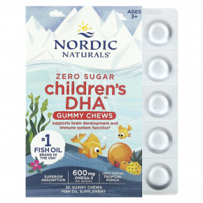 Nordic Naturals, Children's DHA, жевательные таблетки с ДГК, для детей от 3 лет, со вкусом тропических фруктов, 600 мг, 30 жевательных таблеток - описание | фото