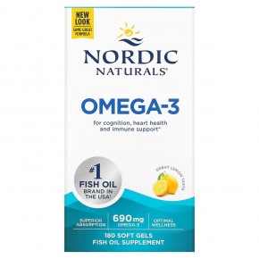 Nordic Naturals, омега-3, со вкусом лимона, 690 мг, 180 капсул (345 мг в 1 капсуле) - описание