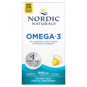 Nordic Naturals, омега-3, со вкусом лимона, 690 мг, 60 капсул (345 мг в 1 капсуле) - описание