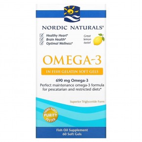 Nordic Naturals, омега-3, со вкусом лимона, 690 мг, 60 капсул из рыбьего желатина (345 мг в 1 капсуле) в Москве - eco-herb.ru | фото