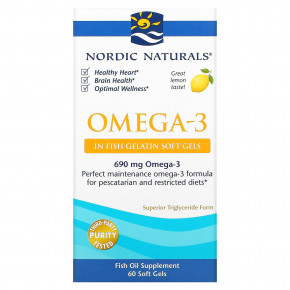 Nordic Naturals, омега-3, со вкусом лимона, 690 мг, 60 капсул из рыбьего желатина (345 мг в 1 капсуле) - описание | фото