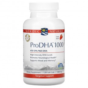 Nordic Naturals, ProDHA 1000, добавка с аминокислотами, с клубничным вкусом, 1000 мг, 120 капсул - описание