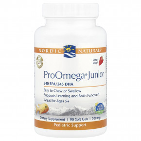 Nordic Naturals, ProOmega® Junior, для детей от 5 лет, клубника, 90 капсул (340 мг в 1 капсуле) - описание | фото