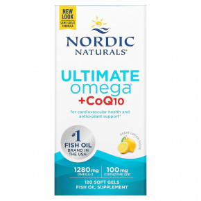 Nordic Naturals, Ultimate Omega + CoQ10, высокоэффективные омега-3 кислоты с коэнзимом Q10, со вкусом лимона, 1280 мг, 120 капсул (640 мг в 1 капсуле) - описание | фото