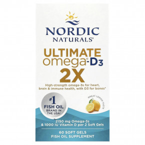 Nordic Naturals, Ultimate Omega®-D3 2X, отличный лимон, 60 мягких таблеток - описание | фото