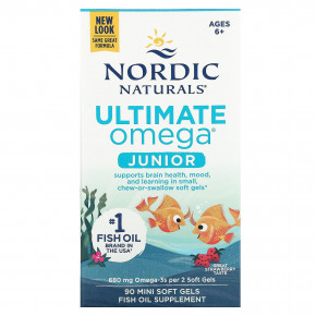 Nordic Naturals, Ultimate Omega Junior, омега для детей от 6 лет, со вкусом клубники, 680 мг, 90 мини-капсул (340 мг в 1 капсуле) - описание | фото