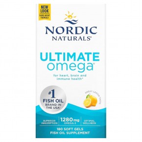 Nordic Naturals, Ultimate Omega, высокоэффективные омега-3 кислоты, со вкусом лимона, 1280 мг, 180 капсул (640 мг в 1 капсуле) - описание