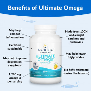 Nordic Naturals, Ultimate Omega, высокоэффективные омега-3 кислоты, со вкусом лимона, 1280 мг, 180 капсул (640 мг в 1 капсуле) в Москве - eco-herb.ru | фото