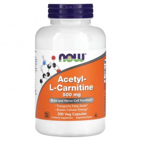 NOW Foods, ацетил-L-карнитин, 500 мг, 200 вегетарианских капсул - описание