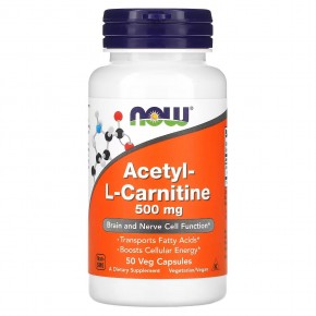 NOW Foods, ацетил-L-карнитин, 500 мг, 50 вегетарианских капсул - описание