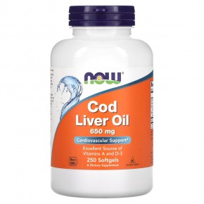 NOW Foods, Cod Liver Oil, 650 мг, 250 мягких желатиновых капсул - описание