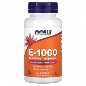 NOW Foods, E-1000 со смешанными токоферолами, 670 мг (1000 МЕ), 50 мягких таблеток - описание | фото