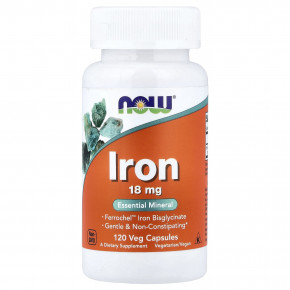 NOW Foods, железо, 18 мг, 120 растительных капсул - описание | фото