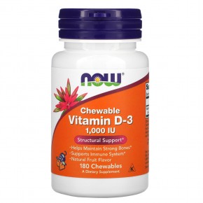 NOW Foods, жевательный витамин D3, натуральный фруктовый вкус, 1000 МЕ, 180 жевательных таблеток - описание