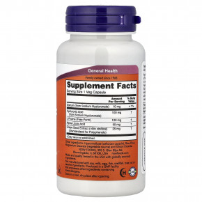 NOW Foods, гиалуроновая кислота с L-пролином, альфа-липоевой кислотой и экстрактом виноградных косточек, 100 мг, 60 растительных капсул в Москве - eco-herb.ru | фото