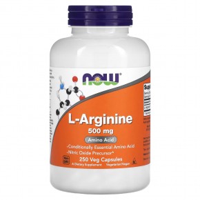 NOW Foods, L-аргинин, 500 мг, 250 вегетарианских капсул - описание