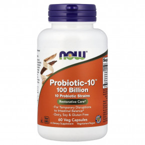 NOW Foods, Probiotic-10™, комплекс пробиотиков, 100 млрд КОЕ, 60 растительных капсул - описание | фото