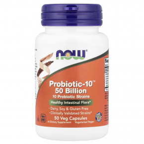 NOW Foods, Probiotic-10™, комплекс пробиотиков, 50 млрд КОЕ, 50 растительных капсул - описание | фото