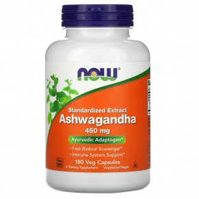 NOW Foods, стандартизованный экстракт ашвагандхи, 450 мг, 180 растительных капсул - описание