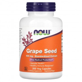 NOW Foods, Стандартизированный экстракт из виноградных косточек, 100 мг, 200 растительных капсул - описание