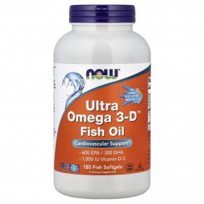 NOW Foods, Ultra Omega 3-D™, рыбий жир с омега-3, 180 капсул из рыбьего желатина - описание | фото